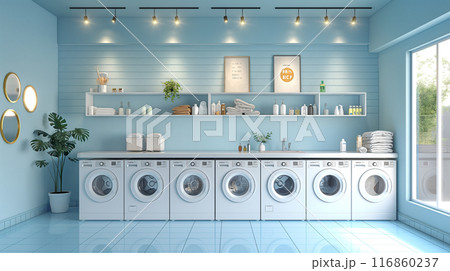 Modern laundry shop interior with counter and washing machines 116860237