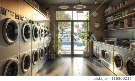Modern laundry shop interior with counter and washing machines 116860239
