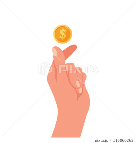 Gold coin in hand. Human hand tosses a coin. Cent in fingers. Money concept. Vector illustration Gold coin in hand. Human hand tosses a coin. Cent in fingers. Money concept. Vector illustration 116860262