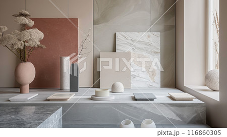 A cozy reading nook with elegant and minimalist decor, featuring a comfortable chair, soft tones, and natural light. 116860305