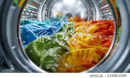 Close-up of Colorful Laundry and Water Bubbles Inside Washing Machine 116861084
