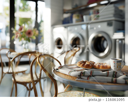 Relaxing Coffee Corner with Pastries in Bright Laundry Room 116861095