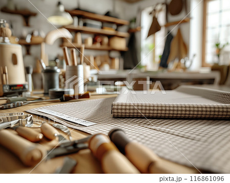 Tailor's Workshop with Tools and Fabrics 116861096