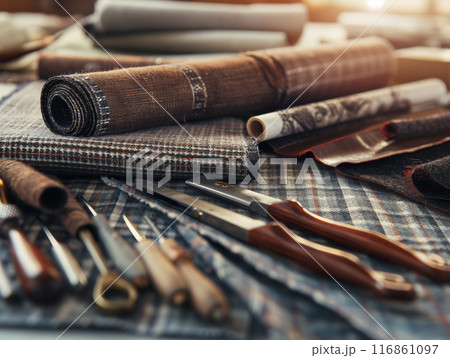 Tailoring Fabrics and Tools on Workbench 116861097