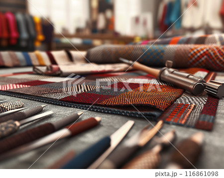 Colorful Fabrics and Tailoring Tools on Workbench Colorful Fabrics and Tailoring Tools on Workbench 116861098