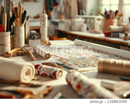 Tailor's Workspace with Sewing Tools and Fabrics 116861099