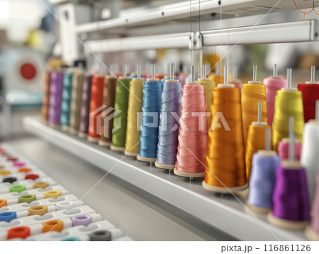 A Close-Up View of a Thread Spool Rack with Various Colored Thread A Close-Up View of a Thread Spool Rack with Various Colored Thread 116861126