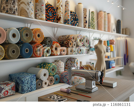 Modern Tailor Shop with Workbench, Fabric Rolls, Sewing Machines, and Cutting Tools 116861131