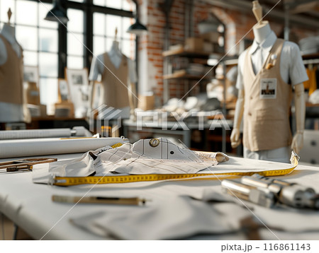 A perspective view of a tailor fitting a customer with detailed textures and professional atmosphere 116861143