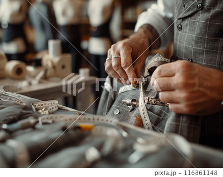A perspective view of a tailor fitting a customer with detailed textures and professional atmosphere 116861148