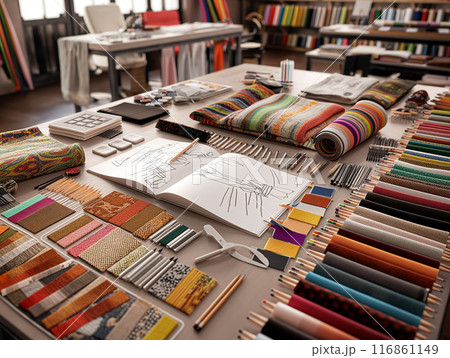 Tailor Sketching Designs in a Colorful Fabric Shop Tailor Sketching Designs in a Colorful Fabric Shop 116861149
