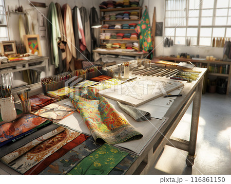 Tailor Sketching Designs in a Colorful Fabric Shop 116861150