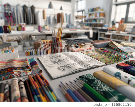 Tailor Sketching Designs in a Colorful Fabric Shop 116861156