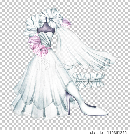 The bride's outfit. A white wedding dress on a mannequin, a veil, a slipper and a garter. The logo of the wedding boutique. A watercolor illustration made by hand. For postcards, banners, flyers. The bride's outfit. A white wedding dress on a mannequin, a veil, a slipper and a garter. The logo of the wedding boutique. A watercolor illustration made by hand. For postcards, banners, flyers. 116861253