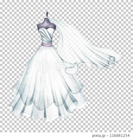 A white wedding dress on a mannequin and a veil. An outfit for the bride. The lady logo. A separate watercolor illustration made by hand. A design element for postcards, banners, flyers and invitation A white wedding dress on a mannequin and a veil. An outfit for the bride. The lady logo. A separate watercolor illustration made by hand. A design element for postcards, banners, flyers and invitation 116861254