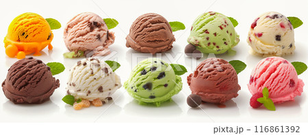 Ten Assorted Ice Cream Scoops with Chocolate Chips and Mint Leaves Ten Assorted Ice Cream Scoops with Chocolate Chips and Mint Leaves 116861392