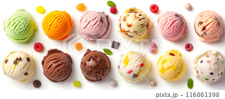 Assorted Ice Cream Scoops with Toppings and Fruits Assorted Ice Cream Scoops with Toppings and Fruits 116861398