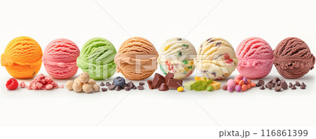 Colorful Ice Cream Scoops with Various Toppings 116861399