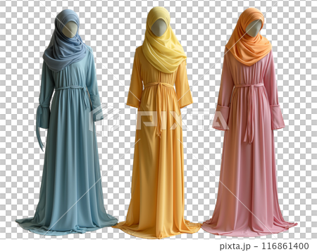Colorful Modest Muslim Women's Dresses Displayed on Mannequins on transparent background 116861400