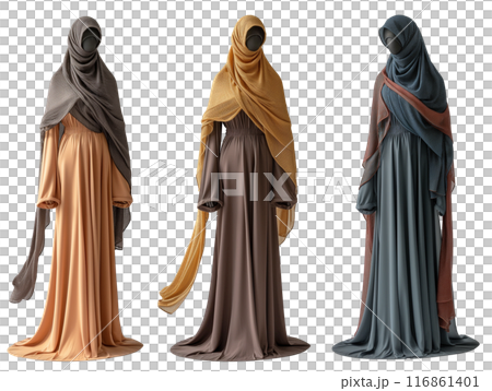 Elegant Muslim Women's Outfits Displayed on Mannequins on transparent background Elegant Muslim Women's Outfits Displayed on Mannequins on transparent background 116861401