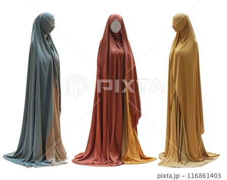 Elegant Muslim Women's Cloaks Displayed on Mannequins on transparent background 116861403