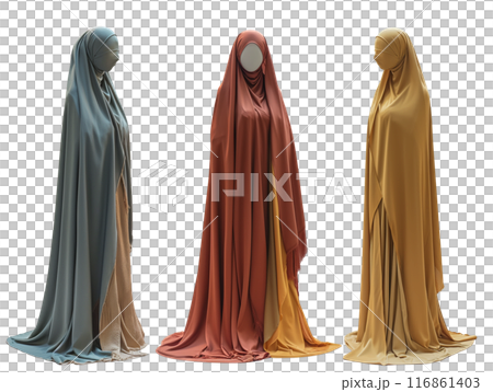 Elegant Muslim Women's Cloaks Displayed on Mannequins on transparent background 116861403