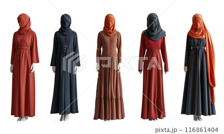Five Versatile Muslim Women's Outfits on Mannequins on transparent background Five Versatile Muslim Women's Outfits on Mannequins on transparent background 116861404