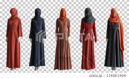 Five Versatile Muslim Women's Outfits on Mannequins on transparent background Five Versatile Muslim Women's Outfits on Mannequins on transparent background 116861404