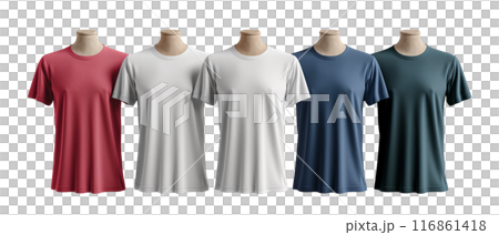 Variety of Round Neck T-Shirts on Mannequins on transparent background Variety of Round Neck T-Shirts on Mannequins on transparent background 116861418