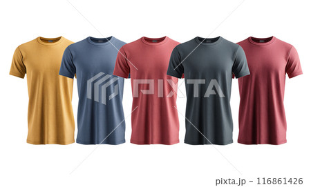 Five Basic T-Shirts in Assorted Colors on Mannequins on transparent background 116861426