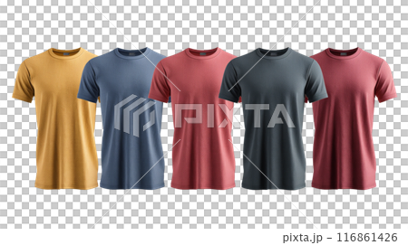 Five Basic T-Shirts in Assorted Colors on Mannequins on transparent background 116861426