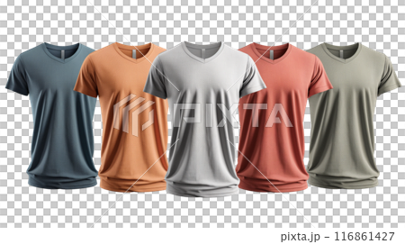 Five V-Neck T-Shirts in Assorted Colors on Mannequins on transparent background 116861427