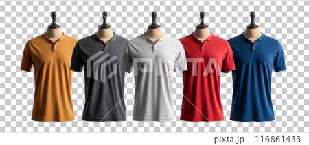 Five Solid Color Polo Shirts on Mannequins on transparent background Five Solid Color Polo Shirts on Mannequins on transparent background 116861433