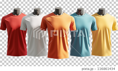 Five Solid Color T-Shirts on Black Mannequins on transparent background Five Solid Color T-Shirts on Black Mannequins on transparent background 116861434