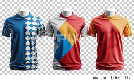 Three World Cup Concept T-Shirts with Geometric Patterns on transparent background Three World Cup Concept T-Shirts with Geometric Patterns on transparent background 116861437