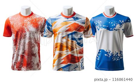 Three Abstract World Cup Concept T-Shirts on transparent background 116861440
