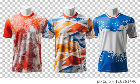 Three Abstract World Cup Concept T-Shirts on transparent background 116861440