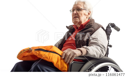 Elderly Woman in Wheelchair with Orange Blanket 116861477