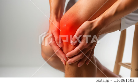 Concept image showing a man knee pain or leg pain. on a white background Concept image showing a man knee pain or leg pain. on a white background 116861502