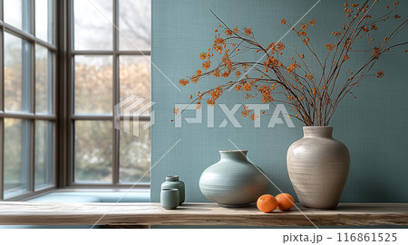 Elegant Interior with Ceramic Vases and Orange Accents Elegant Interior with Ceramic Vases and Orange Accents 116861525