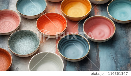 Colorful Ceramic Bowls on Textured Surface 116861547