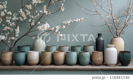 Elegant Ceramic Vases with Blooming Branches Elegant Ceramic Vases with Blooming Branches 116861580