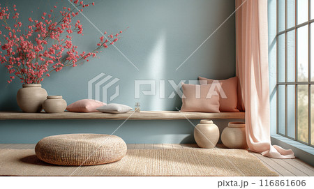 Serene Corner with Cherry Blossoms and Cushions 116861606