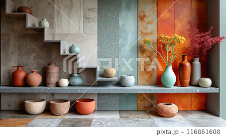 Decorative Ceramic Vases on Geometric Shelves 116861608