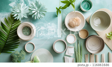 Green and Beige Ceramic Tableware with Botanical Elements Green and Beige Ceramic Tableware with Botanical Elements 116861686