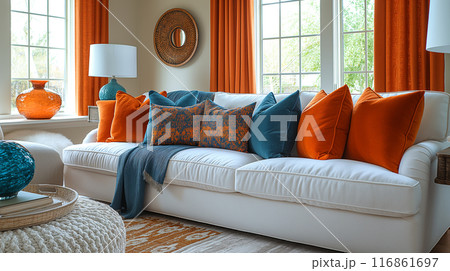Vibrant Living Room with Orange and Blue Accents 116861697