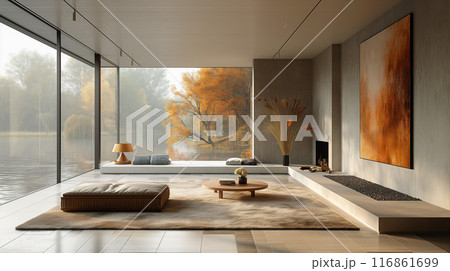 Modern Minimalist Living Room with Autumn View 116861699