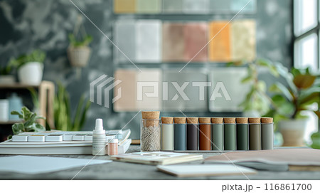 Creative Workspace with Paint Samples and Supplies 116861700