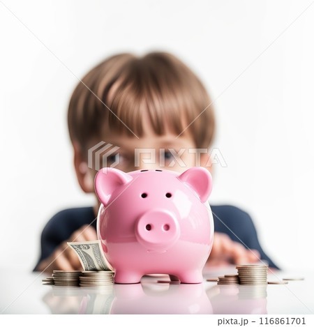 Little boy putting coin into piggy bank on white table with blurred background 116861701