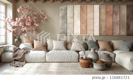 Cozy Living Room with Pastel Tones and Floral Decor Cozy Living Room with Pastel Tones and Floral Decor 116861721
